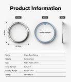 Galaxy Watch 9 / 8 40mm | Bezel Styling - Product information diagram for a stainless steel ring bezel styling tool, showing front, back, and side views with dimensions and a table of specifications on a light gray background.