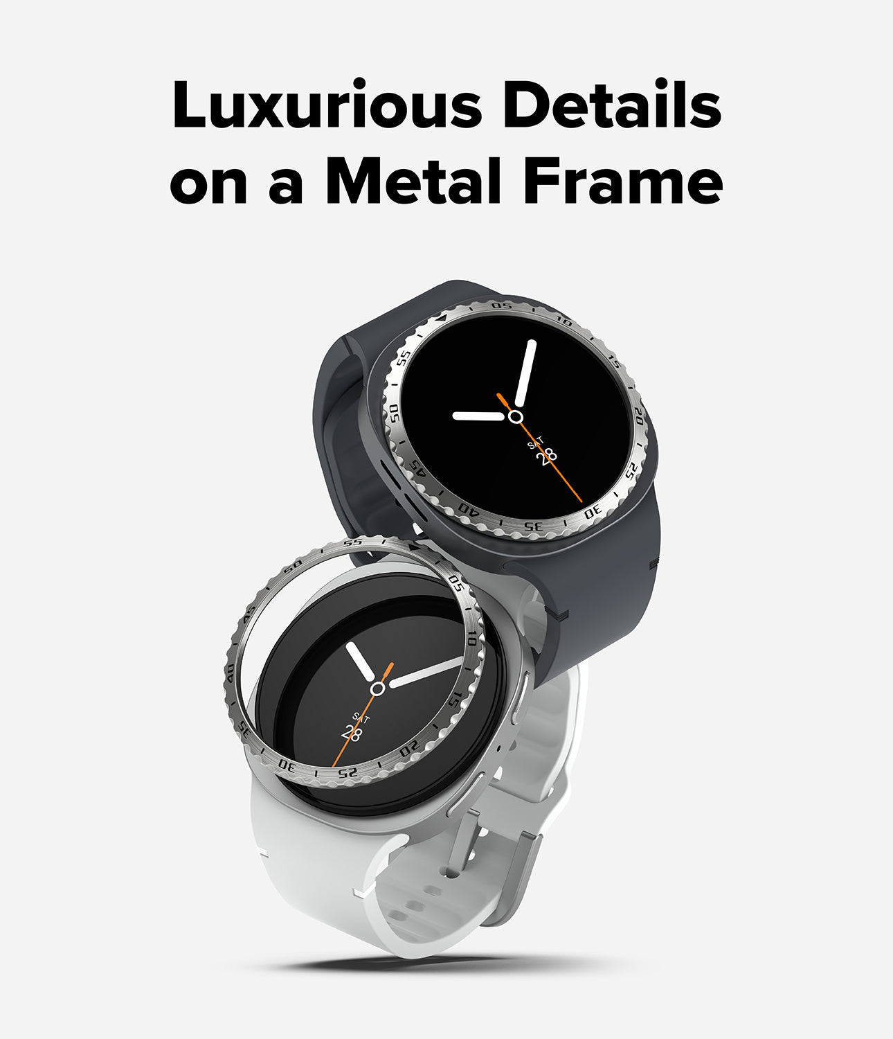 Galaxy Watch 9 / 8 40mm | Bezel Styling - Two smartwatches with round black faces and metallic bezels, one in dark gray and one in light gray, shown on a light gray background with the text 'Luxurious Details on a Metal Frame' at the top.