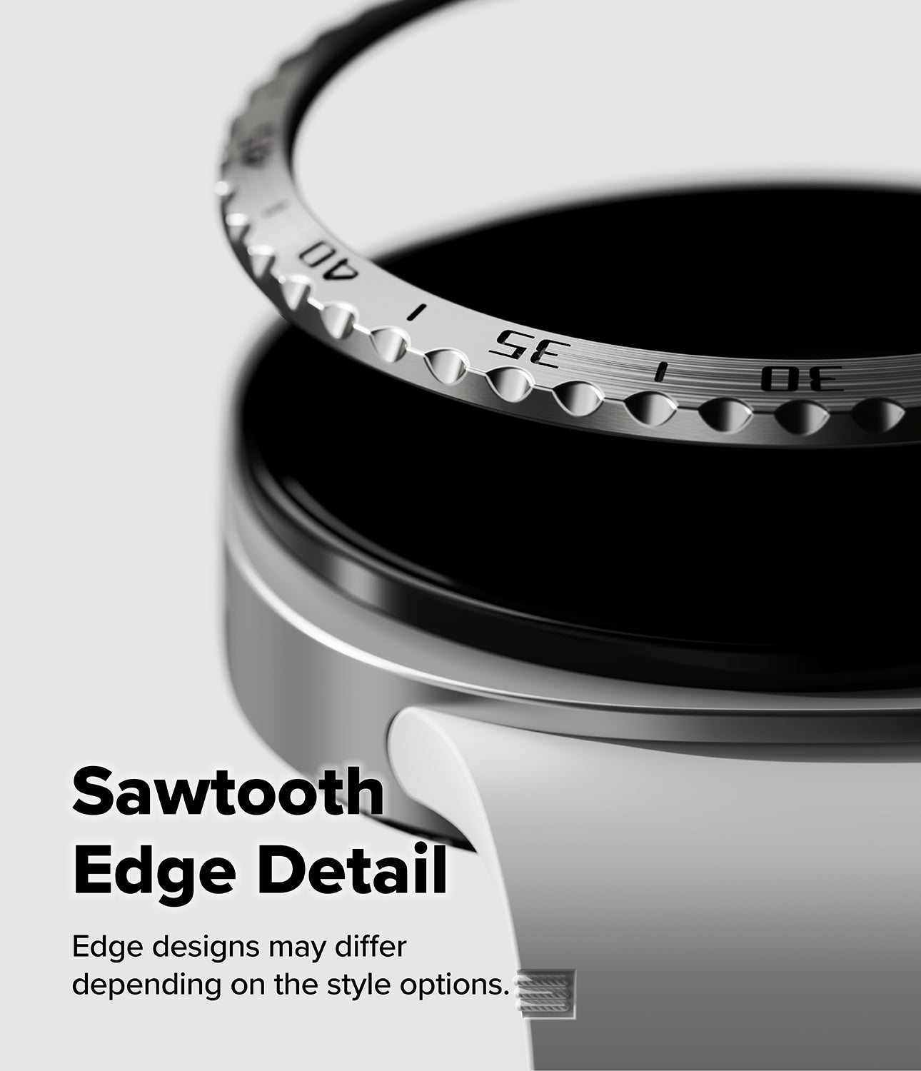 Galaxy Watch 9 / 8 40mm | Bezel Styling - Close-up of a metallic watch band or ring component with a sawtooth toothed edge, shown on a light gray background with text reading 'Sawtooth Edge Detail' and a small disclaimer.