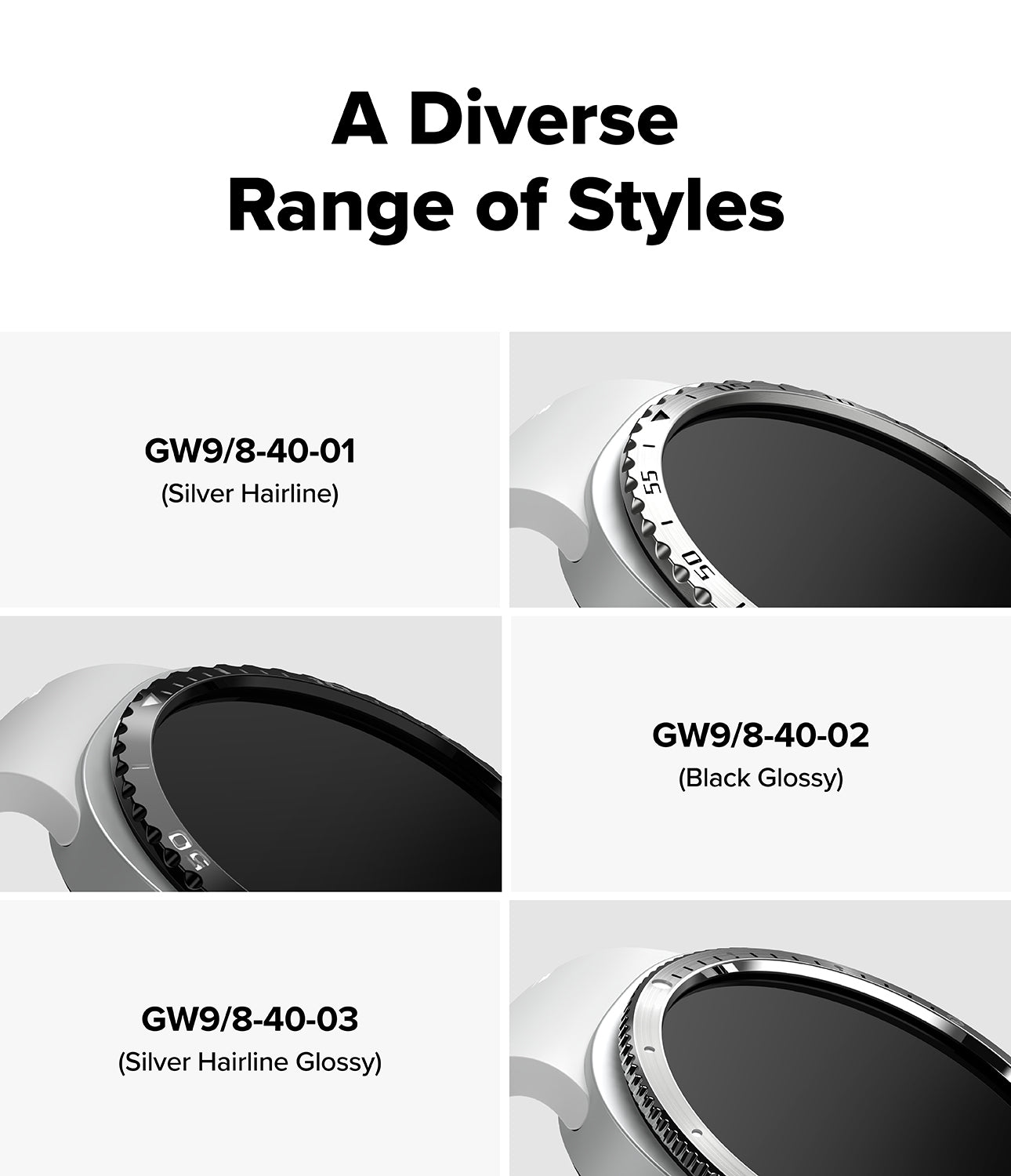 Galaxy Watch 9 / 8 40mm | Bezel Styling - A product options chart titled 'A Diverse Range of Styles' showing four watch face/band style options labeled GW9/8-40-01 through GW9/8-40-03, with close-up views of silver and black watch components on a white background.