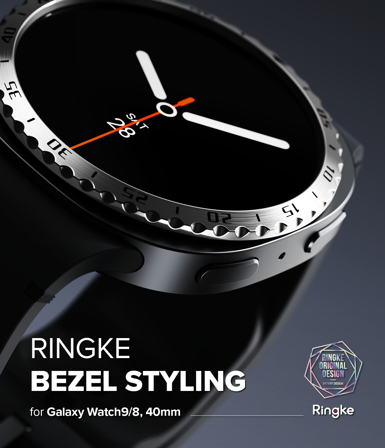 Galaxy Watch 9 / 8 40mm | Bezel Styling - Close-up promotional render of a Galaxy Watch 9/8 with a black analog-style watch face and a silver bezel, overlaid with the text 'RINGKE BEZEL STYLING' and a Ringke logo. The watch band is dark gray/black and the image is set against a dark blue-gray gradient background.