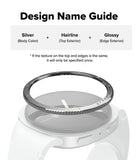 Galaxy Watch 9 / 8 40mm | Bezel Styling - Design name guide diagram showing a watch band accessory with a silver textured inner ring, a white outer band, and a glossy black edge, labeled as Silver + Hairline + Glossy.