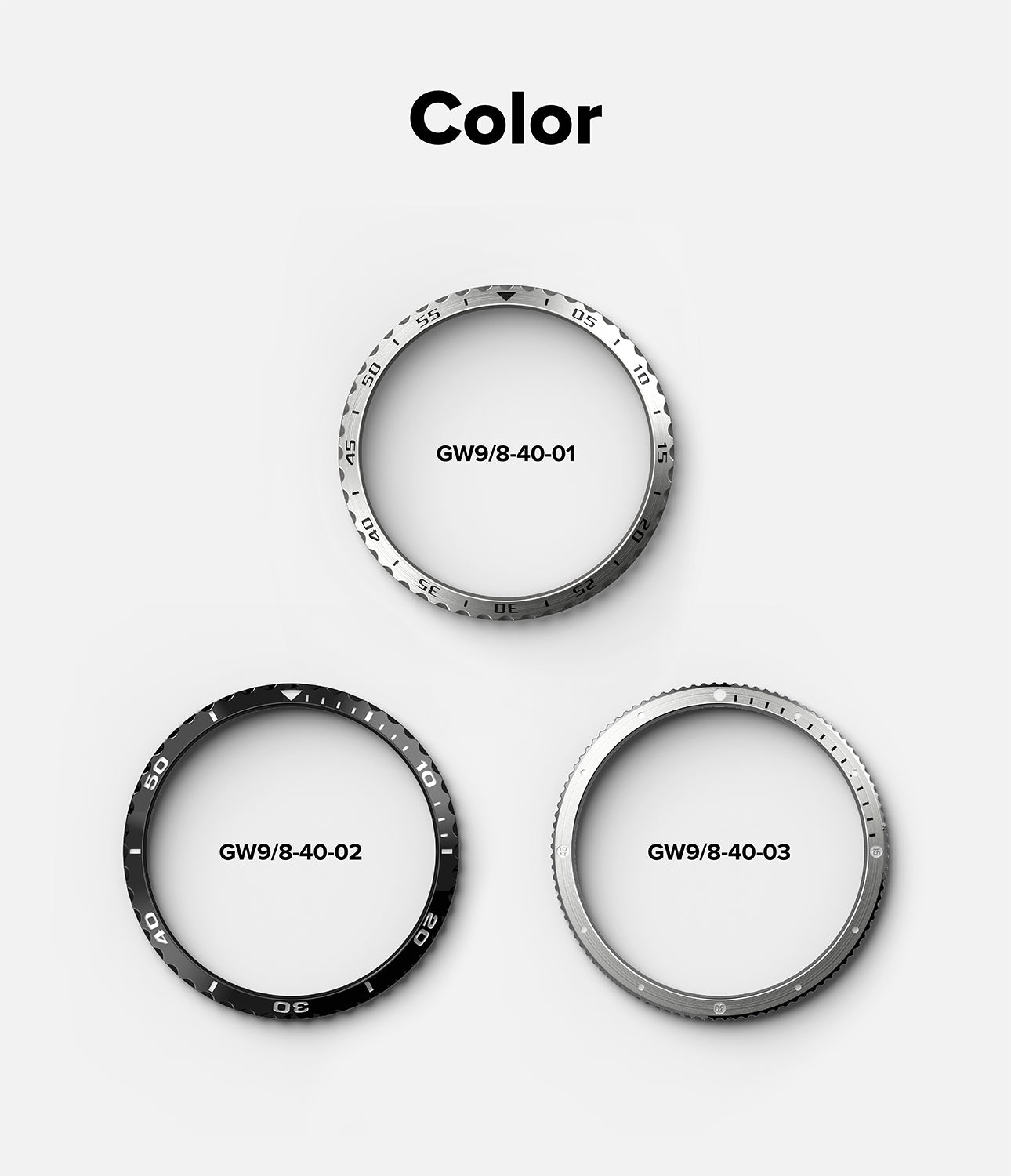 Galaxy Watch 9 / 8 40mm | Bezel Styling - Three circular metal watch bezel options labeled GW9/8-40-01, GW9/8-40-02, and GW9/8-40-03 on a light gray background under the heading 'Color'.