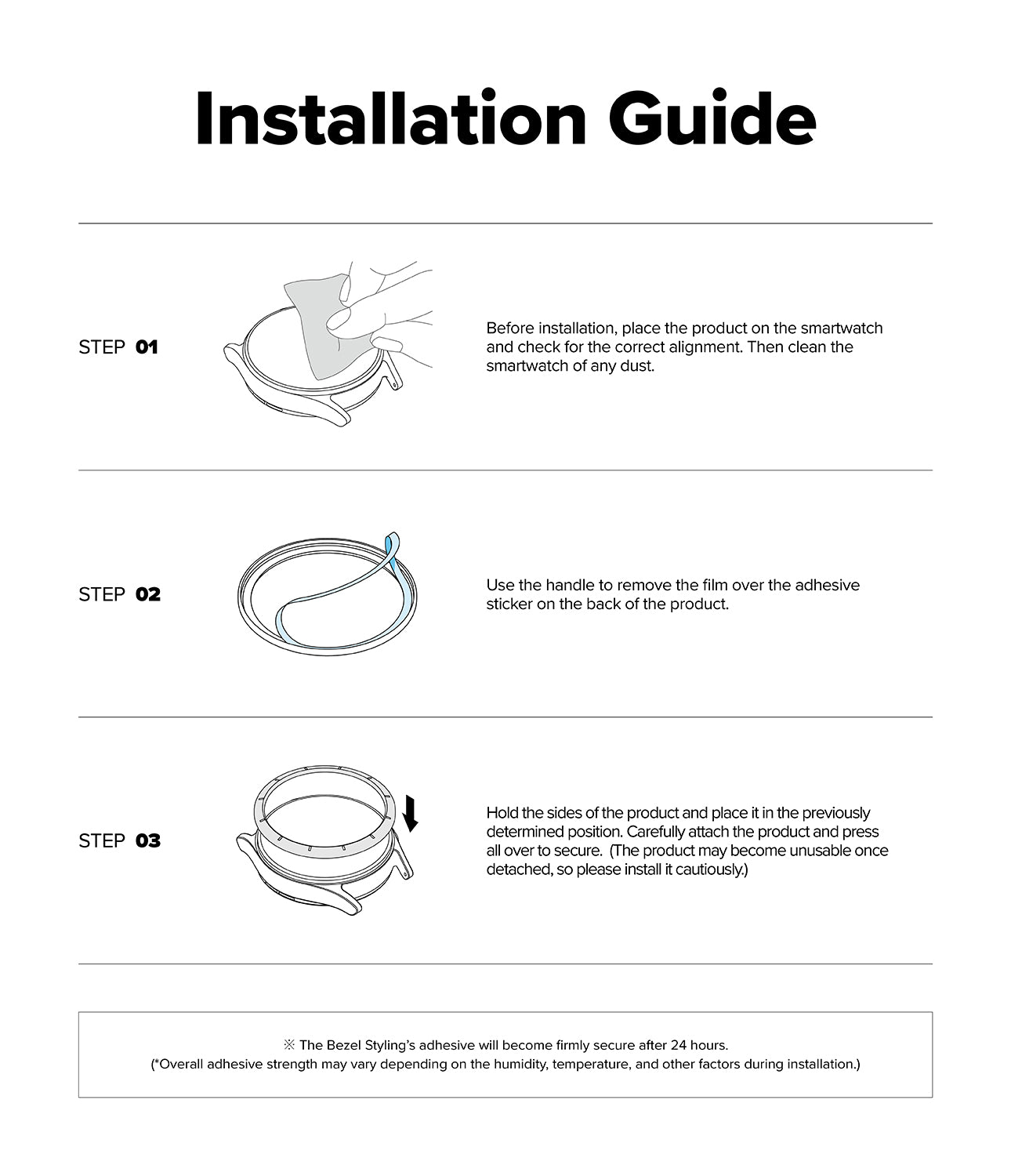 Galaxy Watch 9 / 8 40mm | Bezel Styling - An installation guide sheet with three illustrated steps showing how to apply an adhesive film to a smartwatch. The page has a white background, black title text reading 'Installation Guide,' and step-by-step diagrams with small text instructions.