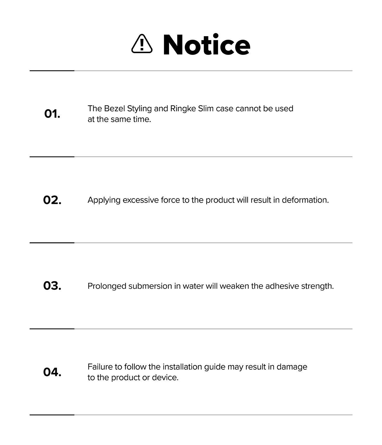 Galaxy Watch 9 / 8 40mm | Bezel Styling - A black and white notice sheet with a warning icon and four numbered instructions detailing compatibility, application force, water exposure, and installation guidelines.
