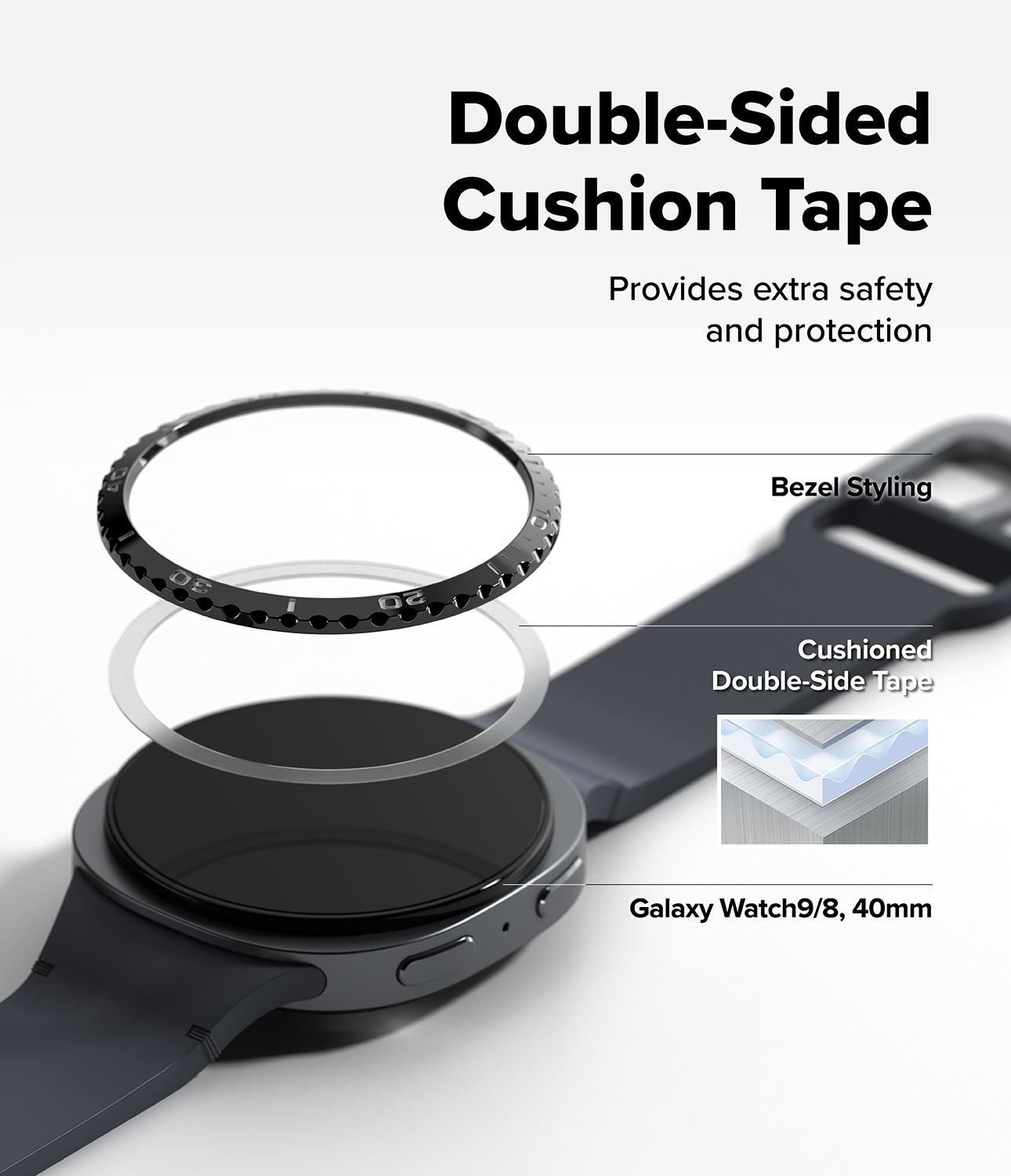 Galaxy Watch 9 / 8 40mm | Bezel Styling - Double-sided cushion tape for a Galaxy Watch 9/8, 40mm, shown applied to a black smartwatch. The graphic includes text explaining that it provides extra safety and protection, features bezel styling, and is cushioned double-side tape.