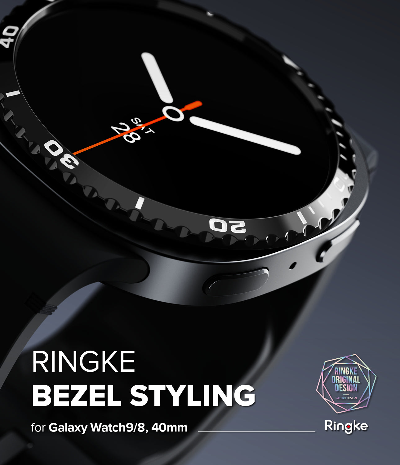 Galaxy Watch 9 / 8 40mm | Bezel Styling - Close-up of a black Galaxy Watch 9 with a stylized bezel and watch band, featuring Ringke branding and text that reads 'RINGKE BEZEL STYLING for Galaxy Watch 9, 40mm'.
