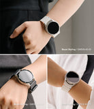Galaxy Watch 9 / 8 40mm | Bezel Styling - Three-panel collage showing a smartwatch worn on a person's wrist in different styling scenarios: a white band on dark clothing, a black band on dark clothing, and a white band on a white shirt. Text labels read 'Bezel Styling / GW9/8:40:01', 'Bezel Styling / GW9/8:40:02', and 'Bezel Styling / GW9/8:40:03'.
