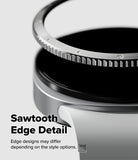 Galaxy Watch 9 / 8 40mm | Bezel Styling - Close-up of a metallic watch band or ring component with a serrated tooth-like edge, shown on a light gray background with the text 'Sawtooth Edge Detail' and smaller explanatory text.