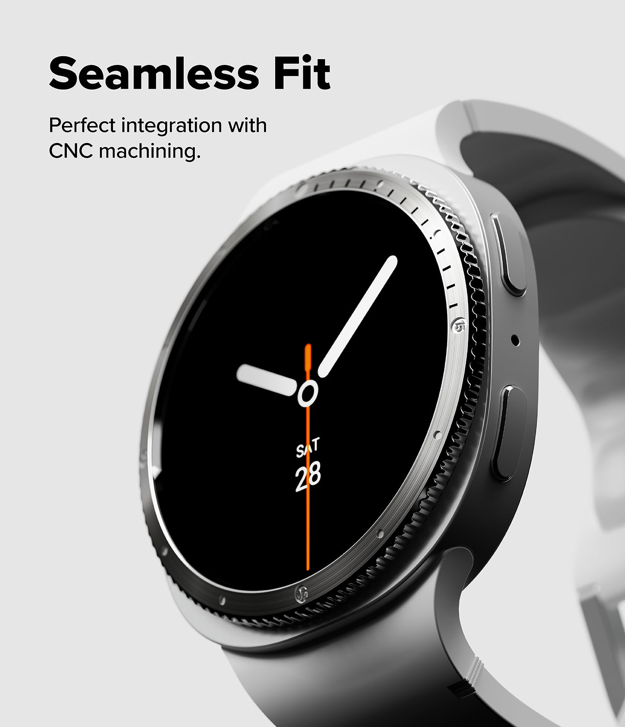 Galaxy Watch 9 / 8 40mm | Bezel Styling - A close-up of a smartwatch with a black round face, silver bezel, and dark band on a light gray background. Text at the top reads 'Seamless Fit' and 'Perfect integration with CNC machining.