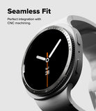 Galaxy Watch 9 / 8 40mm | Bezel Styling - A close-up of a smartwatch with a black round face, silver bezel, and dark band on a light gray background. Text at the top reads 'Seamless Fit' and 'Perfect integration with CNC machining.