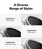 Galaxy Watch 9 / 8 40mm | Bezel Styling - A product options chart titled 'A Diverse Range of Styles' showing four watch face/band style options labeled GW9/8-40-01 through GW9/8-40-03, with close-up views of silver and black watch components on a white background.