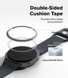 Galaxy Watch 9 / 8 40mm | Bezel Styling - Double-sided cushion tape for a Galaxy Watch 9/8, 40mm, shown applied to a dark gray smartwatch. The graphic includes an exploded view showing the tape on both sides of the watch case, labeled 'Bezel Styling' and 'Cushioned Double-Side Tape', with a small inset diagram of the layered tape.