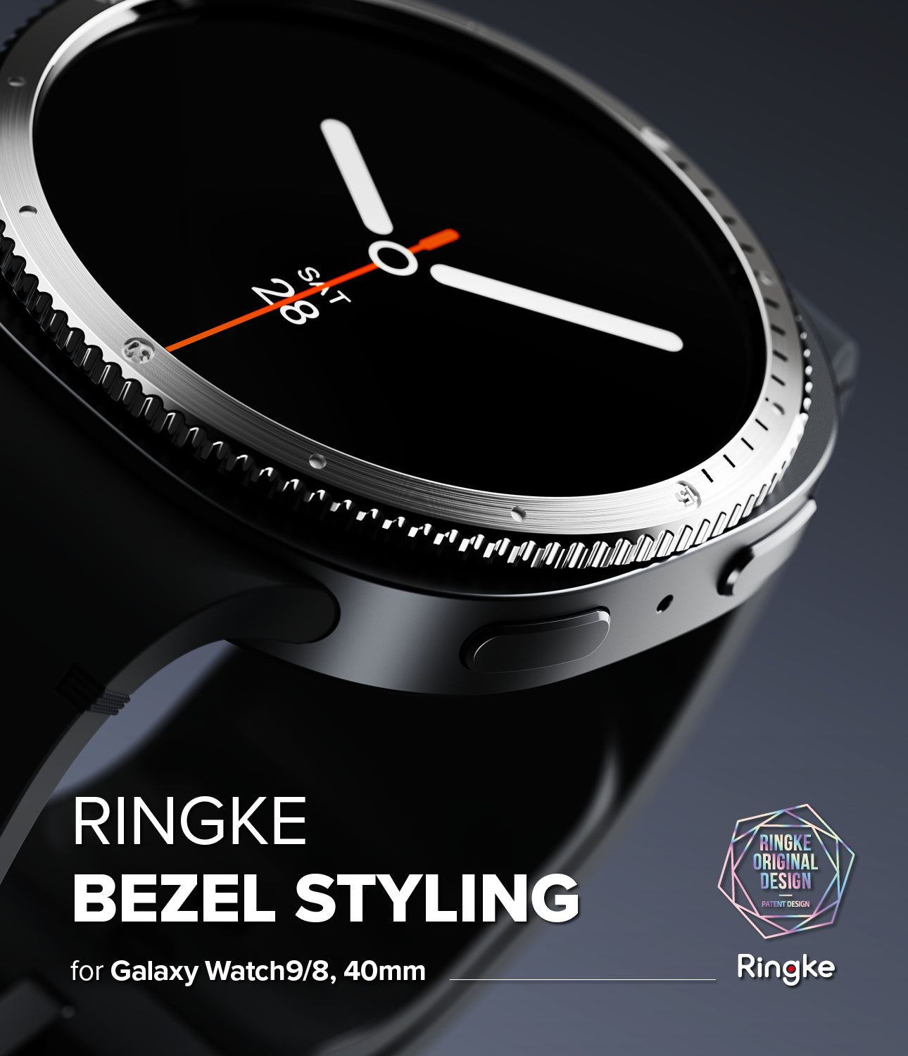 Galaxy Watch 9 / 8 40mm | Bezel Styling - Close-up of a black Samsung Galaxy Watch 9/8, 40mm with a custom silver bezel and black strap, featuring Ringke Bezel Styling branding.
