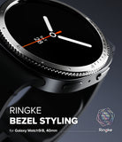Galaxy Watch 9 / 8 40mm | Bezel Styling - Close-up of a black Samsung Galaxy Watch 9/8, 40mm with a custom silver bezel and black strap, featuring Ringke Bezel Styling branding.