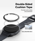 Galaxy Watch 9 / 8 40mm | Bezel Styling Premium - A dark gray smartwatch shown with an exploded view of double-sided cushion tape around the watch case and band. Text reads 'Double-Sided Cushion Tape' with labels 'Bezel Styling Premium,' 'Cushioned Double-Side Tape,' and 'Galaxy Watch9/8, 40mm' on a clean white background.