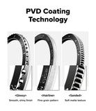 Galaxy Watch 9 / 8 40mm | Bezel Styling Premium - A product information graphic titled 'PVD Coating Technology' showing three close-up views of a metallic ring-like product with different finish options: Glossy, Hairline, and Sanded. Each view includes a small inset demonstrating the surface texture and finish.