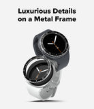 Galaxy Watch 9 / 8 40mm | Bezel Styling Premium - Two smartwatches with round black analog-style faces and metal bezels, one in dark gray and one in white, shown on a light gray background with the text 'Luxurious Details on a Metal Frame' above them.