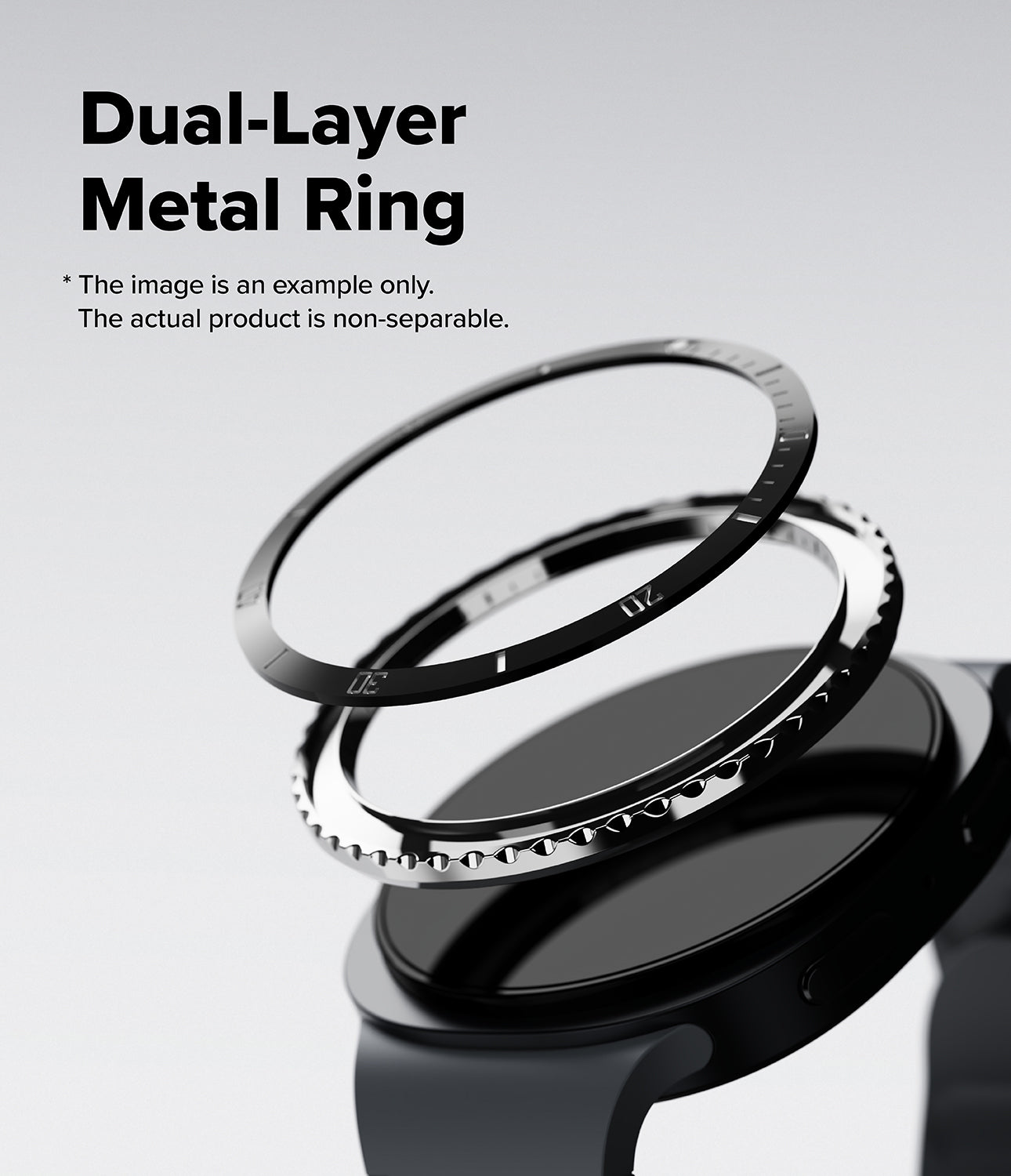 Galaxy Watch 9 / 8 40mm | Bezel Styling Premium - Black dual-layer metal ring accessory shown floating above a smartwatch, with text reading 'Dual-Layer Metal Ring' on a light gray background.