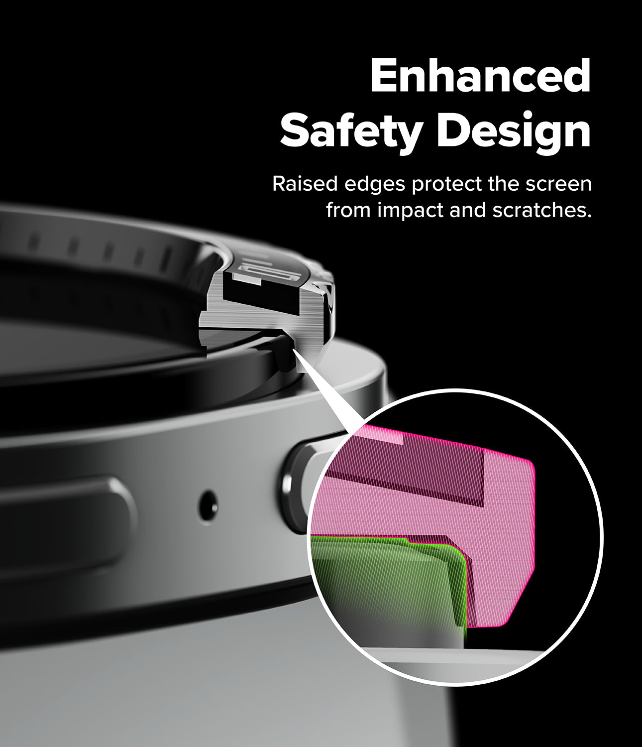 Galaxy Watch 9 / 8 40mm | Bezel Styling Premium - Close-up of a smartwatch with raised metal edges and marketing text reading 'Enhanced Safety Design,' plus a circular inset showing the screen protector layer in pink and green.