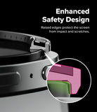 Galaxy Watch 9 / 8 40mm | Bezel Styling Premium - Close-up of a smartwatch with raised metal edges and marketing text reading 'Enhanced Safety Design,' plus a circular inset showing the screen protector layer in pink and green.