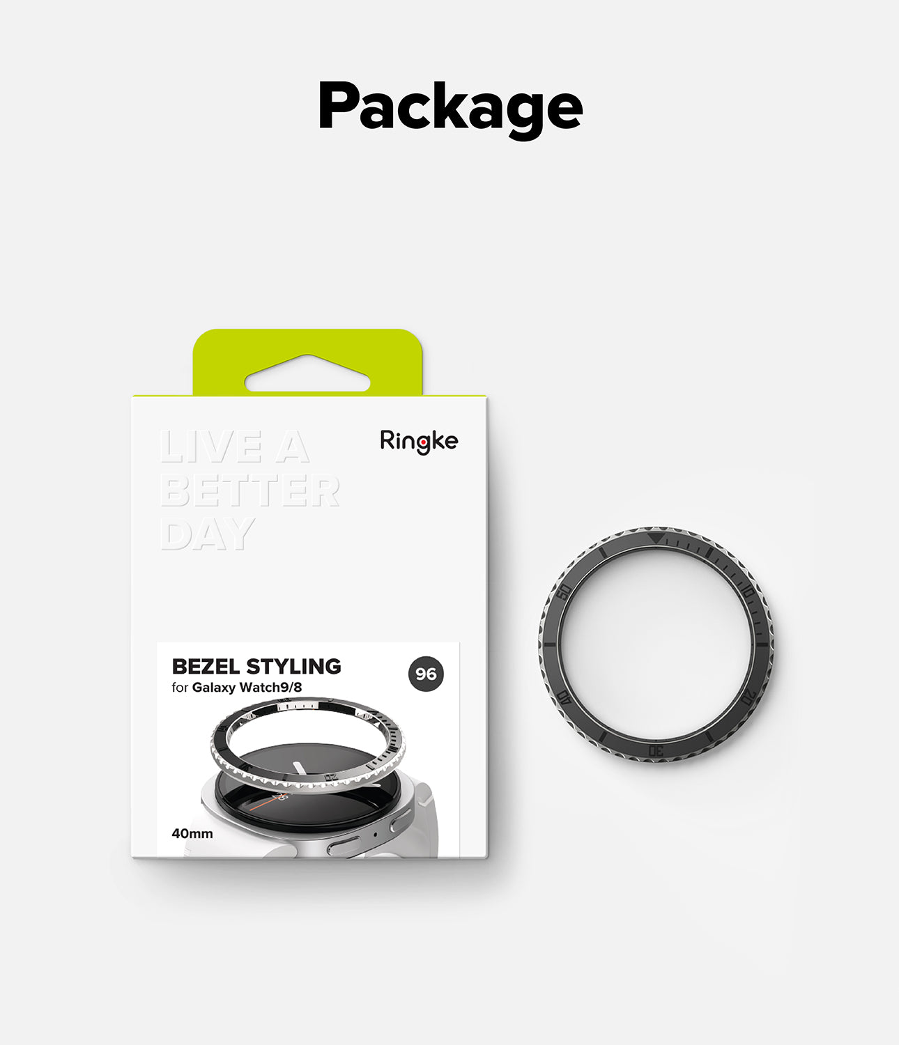 Galaxy Watch 9 / 8 40mm | Bezel Styling Premium - Ringke Bezel Styling for Galaxy Watch 3/8 40mm watch protector packaging shown next to the actual black metal watch bezel ring on a light gray background.