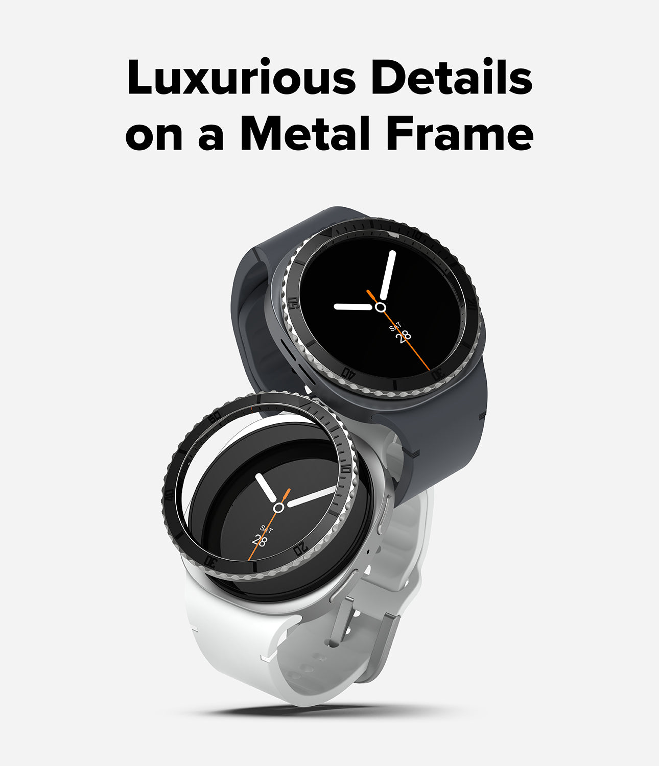 Galaxy Watch 9 / 8 40mm | Bezel Styling Premium - Two smartwatches with round black faces and metallic bezels, one in dark gray and one in silver, shown on a light gray background with the text 'Luxurious Details on a Metal Frame' above them.