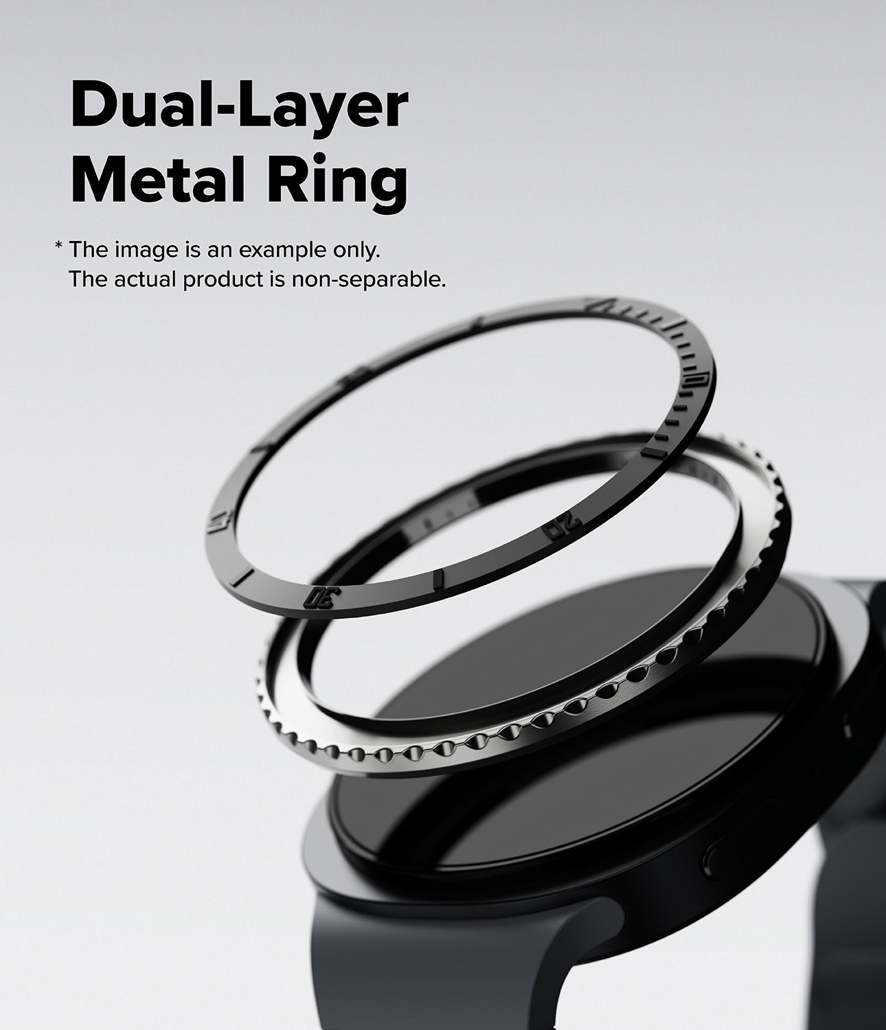 Galaxy Watch 9 / 8 40mm | Bezel Styling Premium - Black dual-layer metal ring accessory shown floating above a smartwatch, with text reading 'Dual-Layer Metal Ring' on a light gray background.