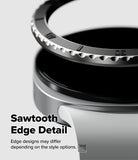 Galaxy Watch 9 / 8 40mm | Bezel Styling Premium - Close-up of a metallic watch band or ring component with a serrated tooth-like edge, shown on a light gray background with the text 'Sawtooth Edge Detail' and smaller explanatory copy.