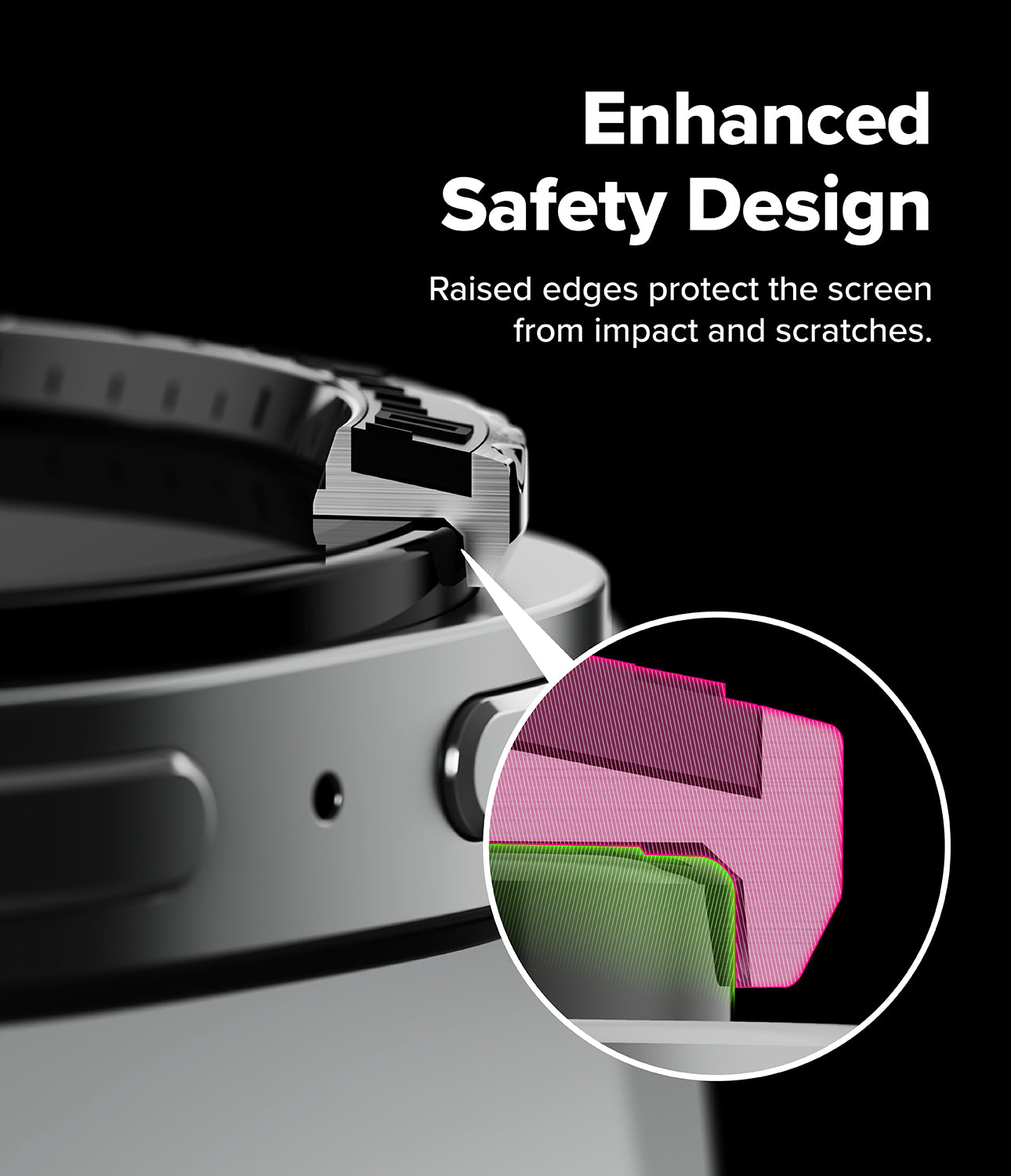 Galaxy Watch 9 / 8 40mm | Bezel Styling Premium - Close-up of a metallic cylindrical product with raised screen-edge protection, shown on a black background with white text reading 'Enhanced Safety Design' and a circular inset highlighting the screen protection.