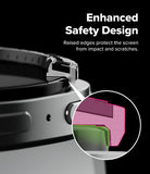 Galaxy Watch 9 / 8 40mm | Bezel Styling Premium - Close-up of a metallic cylindrical product with raised screen-edge protection, shown on a black background with white text reading 'Enhanced Safety Design' and a circular inset highlighting the screen protection.