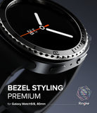 Galaxy Watch 9 / 8 40mm | Bezel Styling Premium - Close-up promotional render of a Galaxy Watch 9 bezel with a black watch face and silver-toned textured bezel details. Text reads 'BEZEL STYLING PREMIUM for Galaxy Watch 9, 40mm' with Ringke branding.