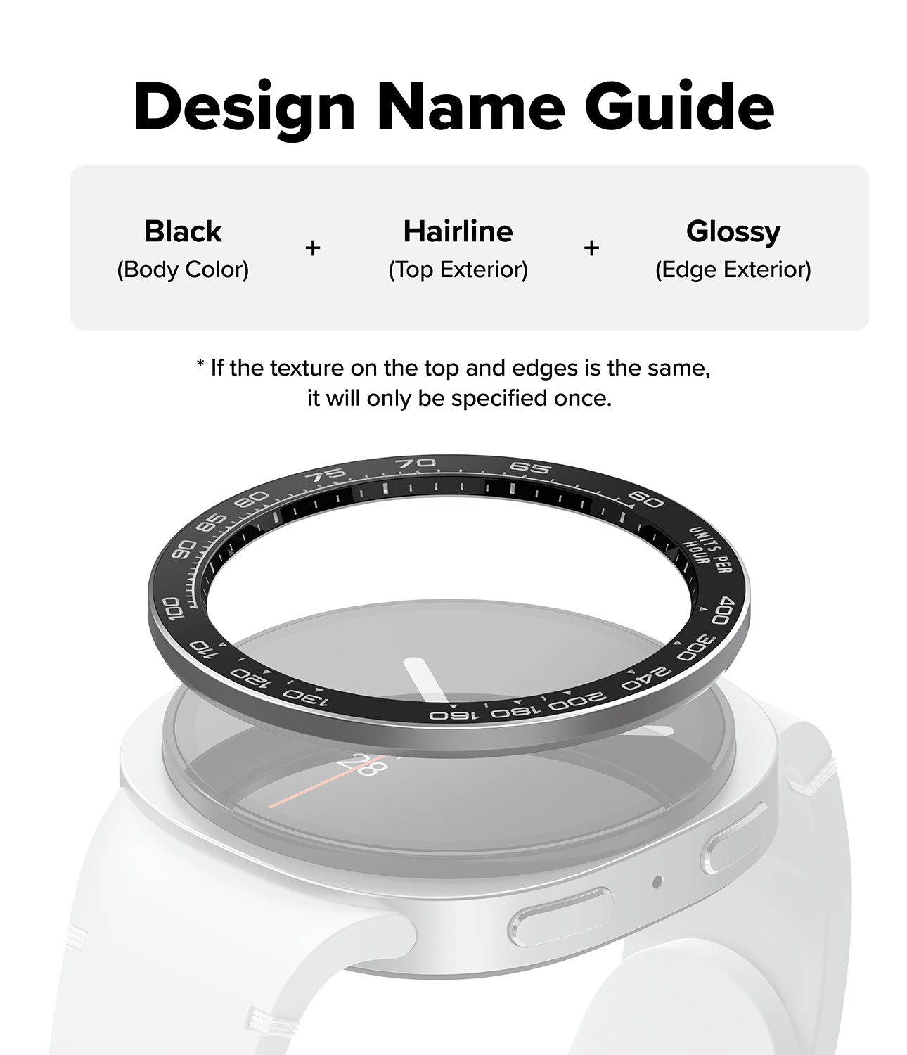 Galaxy Watch 9 / 8 40mm | Bezel Styling Premium - Design name guide diagram showing a smartwatch band or ring-style accessory labeled as Black (body color) + Hairline (top exterior) + Glossy (edge exterior), with a watch face illustration below on a white background.
