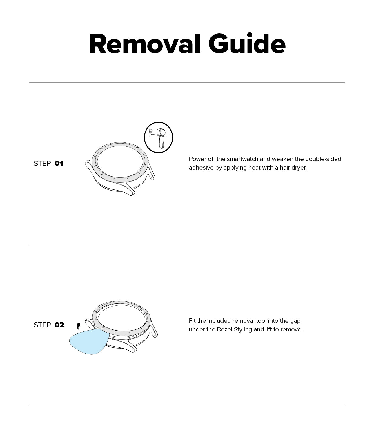 Galaxy Watch 9 / 8 40mm | Bezel Styling Premium - A removal guide diagram showing two steps for taking off a smartwatch band. Step 01 illustrates powering off the smartwatch and weakening the adhesive with a hair dryer, and Step 02 shows fitting a removal tool into the gap under Bizef Styling to lift and remove the band.