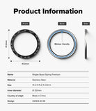 Galaxy Watch 9 / 8 40mm | Bezel Styling Premium - Product information diagram for a stainless steel ringke bezel styling premium, showing front, back, and side views with dimensions and a sticker handle label on a light gray background.