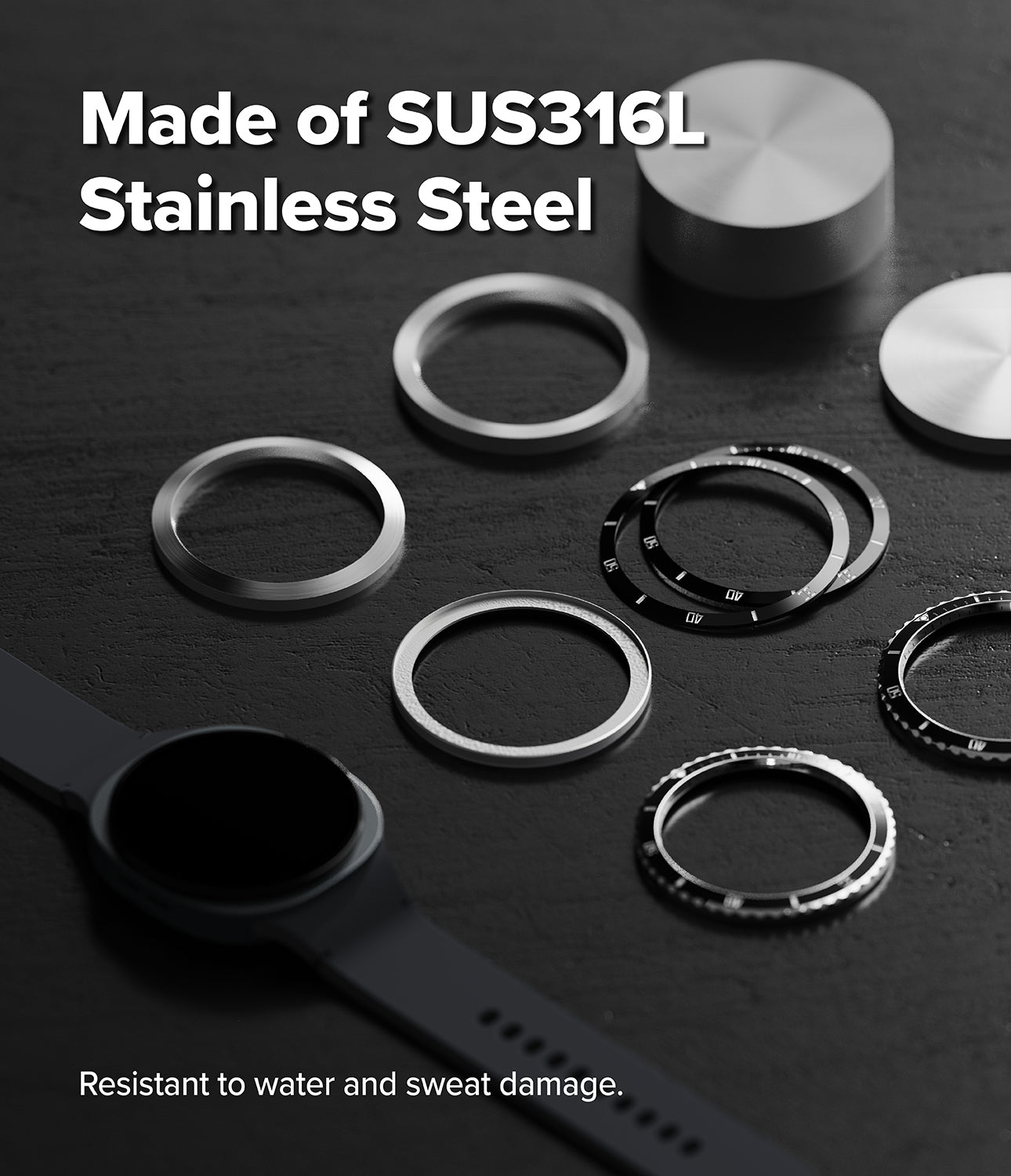 Galaxy Watch 9 / 8 40mm | Bezel Styling Premium - Several silver stainless steel watch band rings and a black smartwatch strap are arranged on a dark textured surface, with text reading 'Made of SUS316L Stainless Steel' and 'Resistant to water and sweat damage.'.