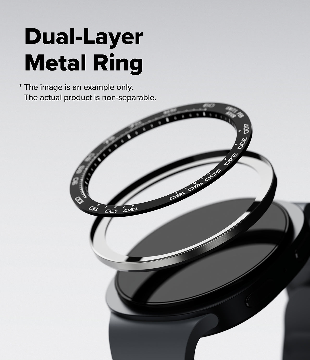 Galaxy Watch 9 / 8 40mm | Bezel Styling Premium - A smartwatch with a black band shown with two metallic ring filters floating above it on a light gray background. Large text at the top reads 'Dual-Layer Metal Ring' with smaller disclaimer text below.