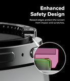 Galaxy Watch 9 / 8 40mm | Bezel Styling Premium - Close-up of a smartwatch with raised screen-edge protection, shown on a black background with white text reading 'Enhanced Safety Design' and a circular inset highlighting the pink and green screen layers.