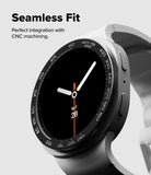Galaxy Watch 9 / 8 40mm | Bezel Styling Premium - A black smartwatch with a round analog-style face and black band, shown on a light gray background with promotional text reading 'Seamless Fit' and 'Perfect integration with CNC machining.'.