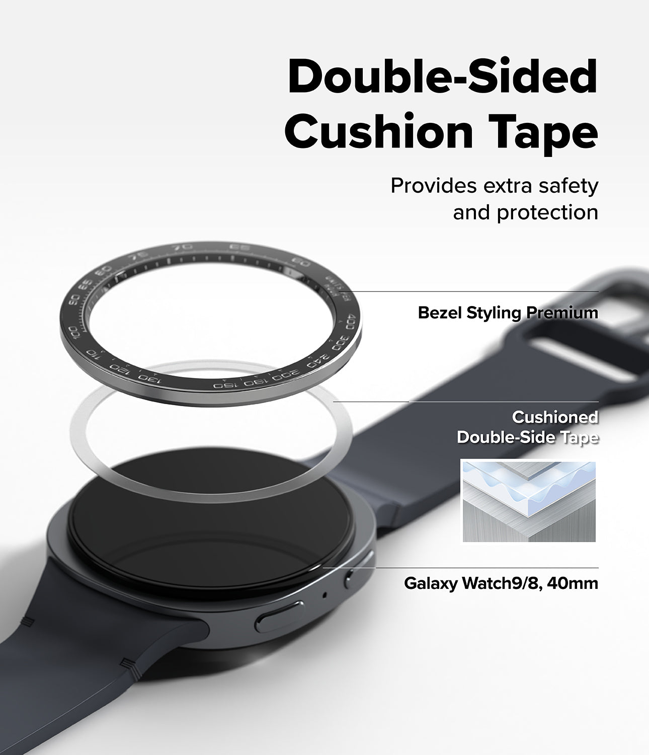 Galaxy Watch 9 / 8 40mm | Bezel Styling Premium - A dark gray smartwatch with double-sided cushion tape applied to its band, shown with exploded callout labels reading 'Bezel Styling Premium,' 'Cushioned Double-Side Tape,' and 'Galaxy Watch9/8, 40mm.' Large headline text at the top says 'Double-Sided Cushion Tape.