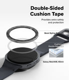 Galaxy Watch 9 / 8 40mm | Bezel Styling Premium - A dark gray smartwatch with double-sided cushion tape applied to its band, shown with exploded callout labels reading 'Bezel Styling Premium,' 'Cushioned Double-Side Tape,' and 'Galaxy Watch9/8, 40mm.' Large headline text at the top says 'Double-Sided Cushion Tape.