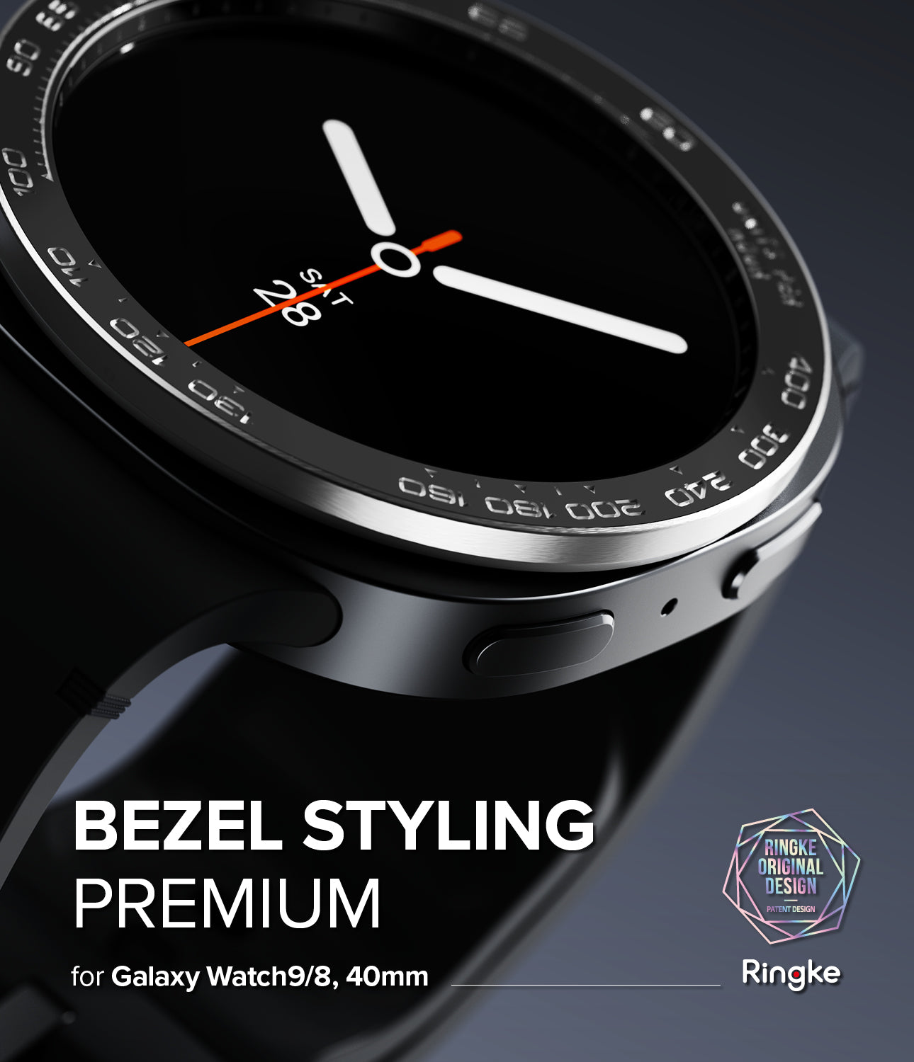 Galaxy Watch 9 / 8 40mm | Bezel Styling Premium - Close-up promotional render of a Galaxy Watch 9/8 with a black bezel and watch band, overlaid with the text 'BEZEL STYLING PREMIUM' and the Ringke logo.