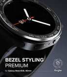 Galaxy Watch 9 / 8 40mm | Bezel Styling Premium - Close-up promotional render of a Galaxy Watch 9/8 with a black bezel and watch band, overlaid with the text 'BEZEL STYLING PREMIUM' and the Ringke logo.