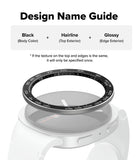 Galaxy Watch 9 / 8 40mm | Bezel Styling Premium - Design name guide diagram showing a smartwatch band or ring-style accessory labeled as Black (body color) + Hairline (top exterior) + Glossy (edge exterior), with a watch face illustration below on a white background.