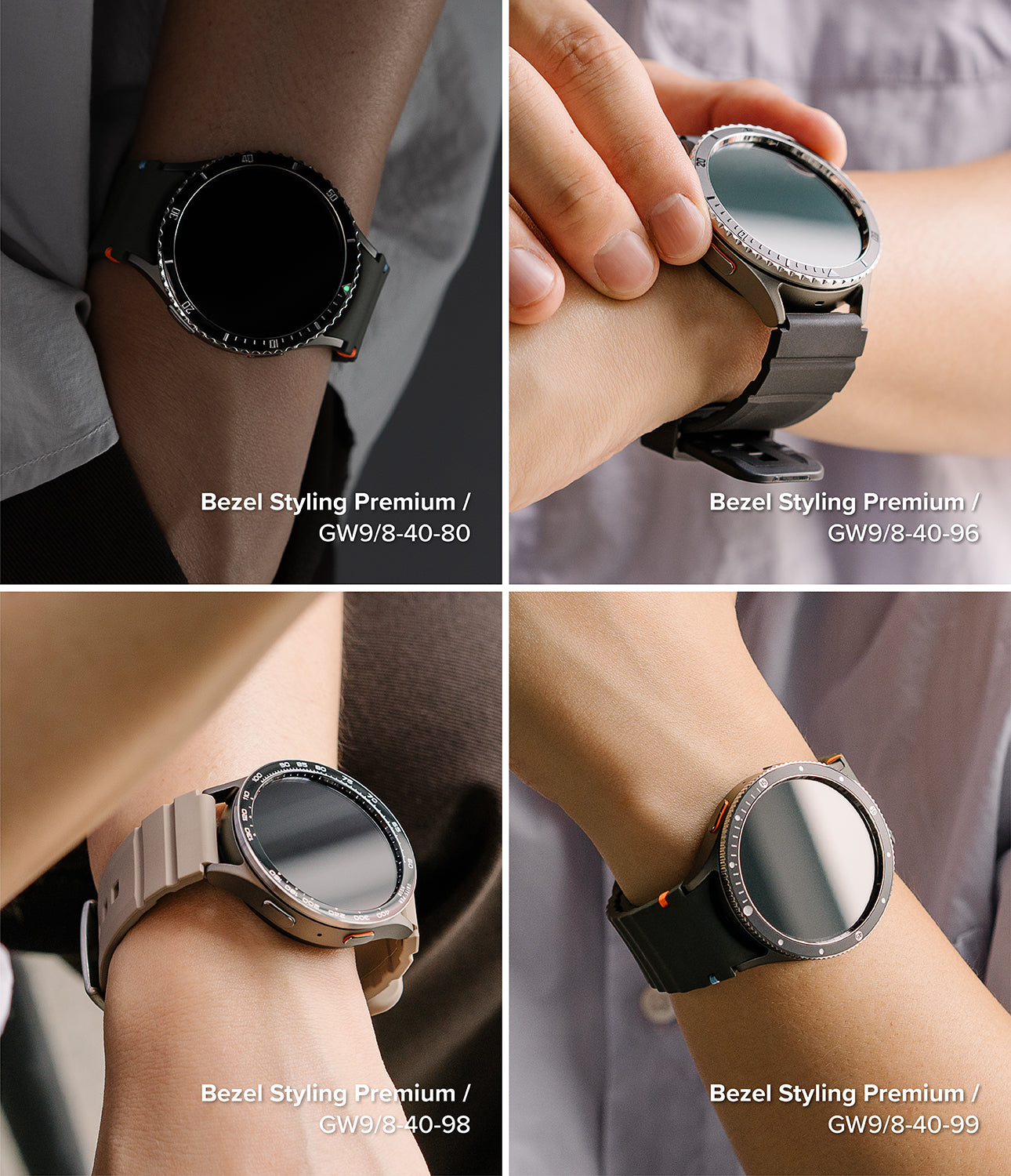 Galaxy Watch 9 / 8 40mm | Bezel Styling Premium - Four-panel collage showing a smartwatch worn on a person's wrist in different color and material configurations, with text labels reading 'Bezel Styling Premium / GW9/8-40-80', 'GW9/8-40-95', 'GW9/8-40-98', and 'GW9/8-40-99'.