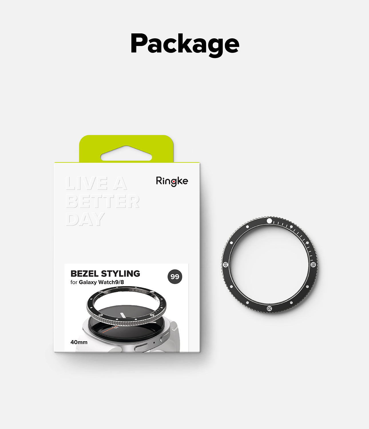 Galaxy Watch 9 / 8 40mm | Bezel Styling Premium - Ringke Bezel Styling 40mm protective case for Galaxy Watch 3, shown next to its white and lime green retail packaging box on a light gray background.