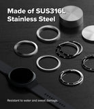 Galaxy Watch 9 / 8 40mm | Bezel Styling Premium - Several silver stainless steel watch band rings and a black smartwatch strap are arranged on a dark textured surface, with text reading 'Made of SUS316L Stainless Steel' and 'Resistant to water and sweat damage.'.