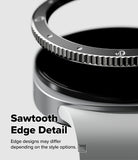 Galaxy Watch 9 / 8 40mm | Bezel Styling Premium - Close-up of a metallic ring-like product detail with a sawtooth edge, shown on a light gray background with text reading 'Sawtooth Edge Detail' and smaller explanatory copy.