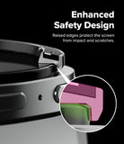 Galaxy Watch 9 / 8 40mm | Bezel Styling Premium - Close-up of a smartphone edge with raised screen protection and a circular inset showing the impact-absorbing screen layer design, with text reading 'Enhanced Safety Design' on a black background.