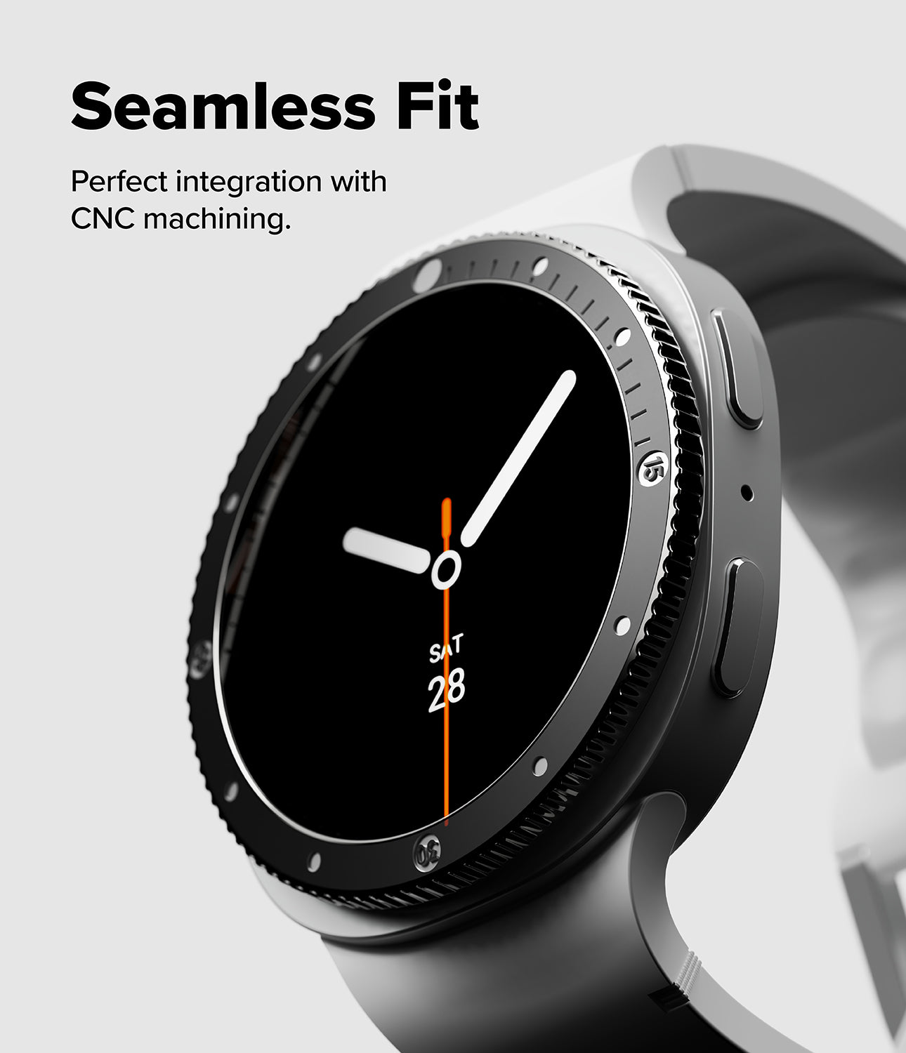 Galaxy Watch 9 / 8 40mm | Bezel Styling Premium - A close-up of a smartwatch with a black round face, silver bezel details, and a dark gray band, shown on a light gray background with the text 'Seamless Fit' and 'Perfect integration with CNC machining.'.